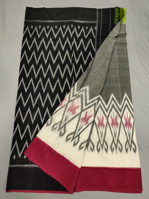 Black , Grey  & White  Handloom Pochampally Ikkat Mercerized Cotton Saree With Blouse-SARA2300010