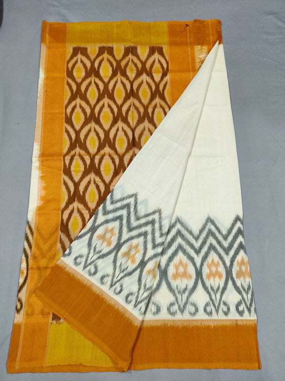 Yellow  & White  Handloom Pochampally Ikkat Mercerized Cotton Saree With Blouse-SARA2300012