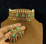 MRIDANGA SHYLESWARI GOLDEN CHOKER SET WITH PEARLS AND STONES  FOR WOMEN -SIANCJ1400CH
