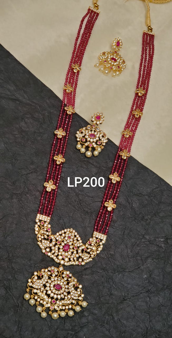 GODDESS LAKSMI GOLD FINISH PENDANT  & EARRING SET WITH RED BEADS  CHAIN FOR WOMEN -CJW2000R