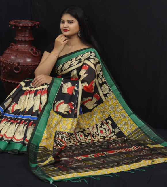 Women's Linen Plain Saree with Ikkat Blouse - Aigle