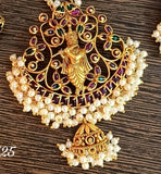 SHREE KRISHNA REAL KEMP STONE PENDANT WITH PEARL CHAIN AND MATCHING EARRINGS-NSJG001