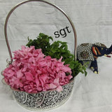 SARANGI, ANTIQUE FINISH GERMAN SILVER FLOWER BASKET WITH HANDLE-SNFB001