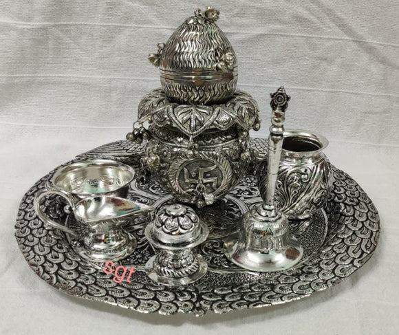 Antique Finish German Silver  festival Pooja thali -SGWPTAF001