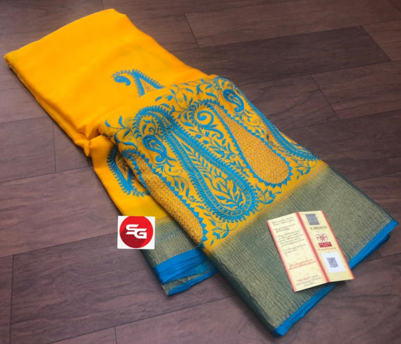 YELLOW AND BLUE EXCLUSIVE PURE MYSORE WRINKLE CREPE SAREE WITH BEAUTIFUL KASHMIR WORK ALL OVER WITH BLOUSE -PDSMSS001YB