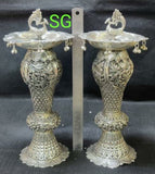 PAIR OF ANTIQUE FINISH GERMAN SILVER PEACOCK LAMPS/DEEPAM -SGTPD001