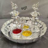 GAYATRI, GERMAN SILVER FLOWER CUT DESIGN PLATE WITH PANCHWALA AND DEEPAM-SNSS001
