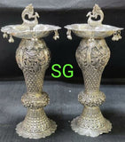 PAIR OF ANTIQUE FINISH GERMAN SILVER PEACOCK LAMPS/DEEPAM -SGTPD001
