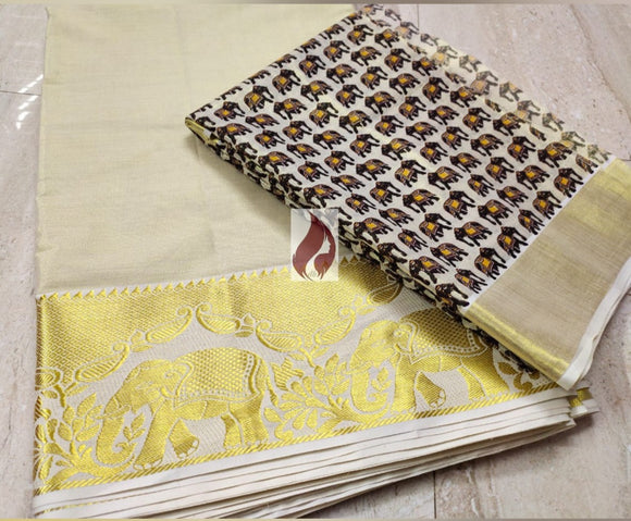 Self Designer Gold Tissue Skirt With Printed Tissue Blouse-CFR001